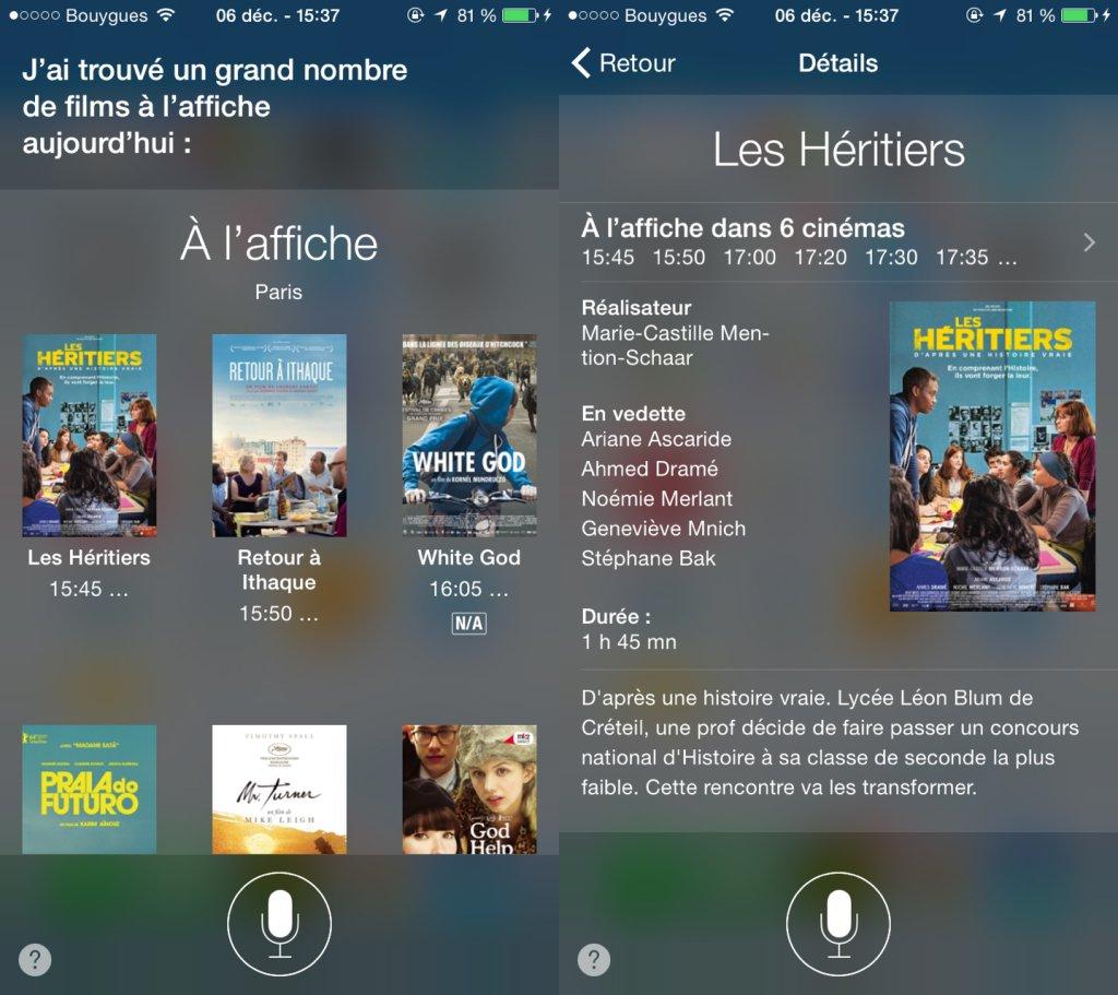 Siri permet de rechercher des séances de cinéma Siri cinema 1024x911