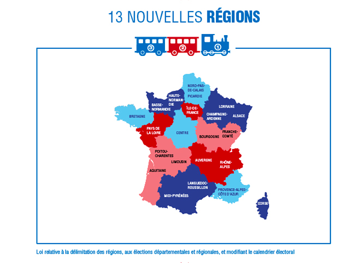Erreur du gouvernement : le Cantal n’appartient plus à la future région Auvergne-Rhône-Alpes L'infographie présentant les 13 futures régions et une erreur.