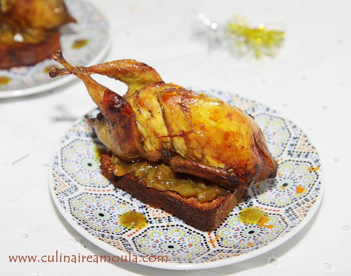 Cailles farcis au foie gras, marron et sa sauce de dattes confites