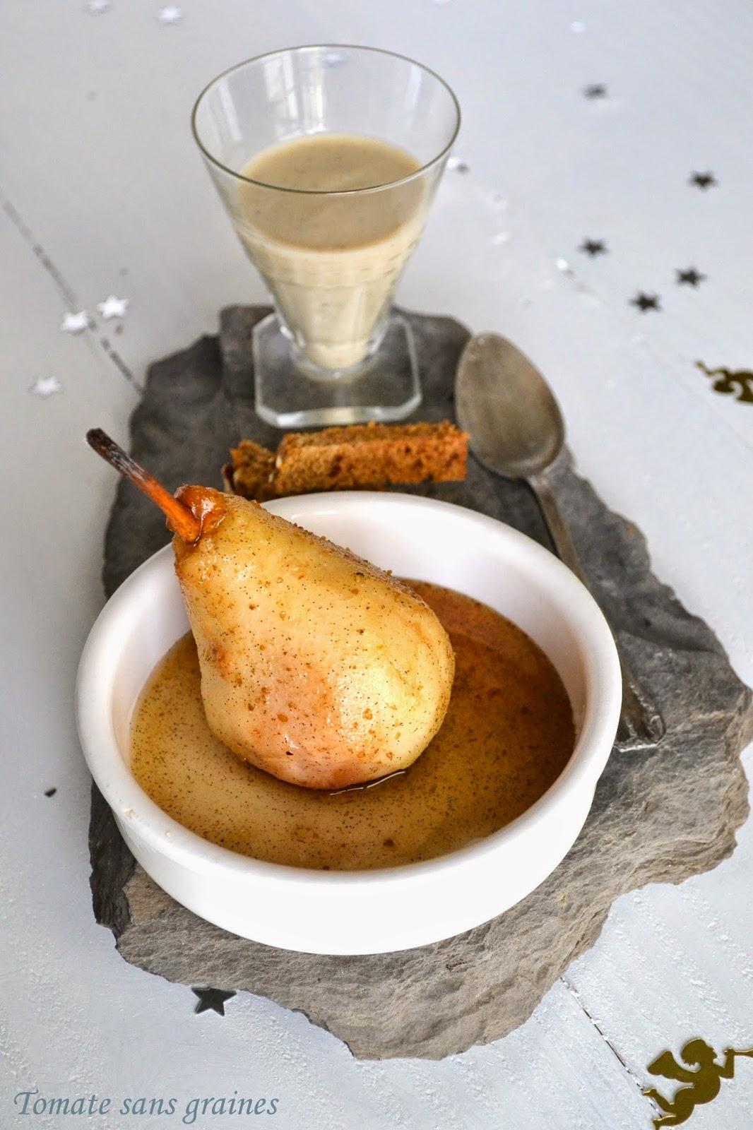 Poire pochée et crème anglaise, parfum pain d'épices Poire pochée et crème anglaise, parfum pain d'épices