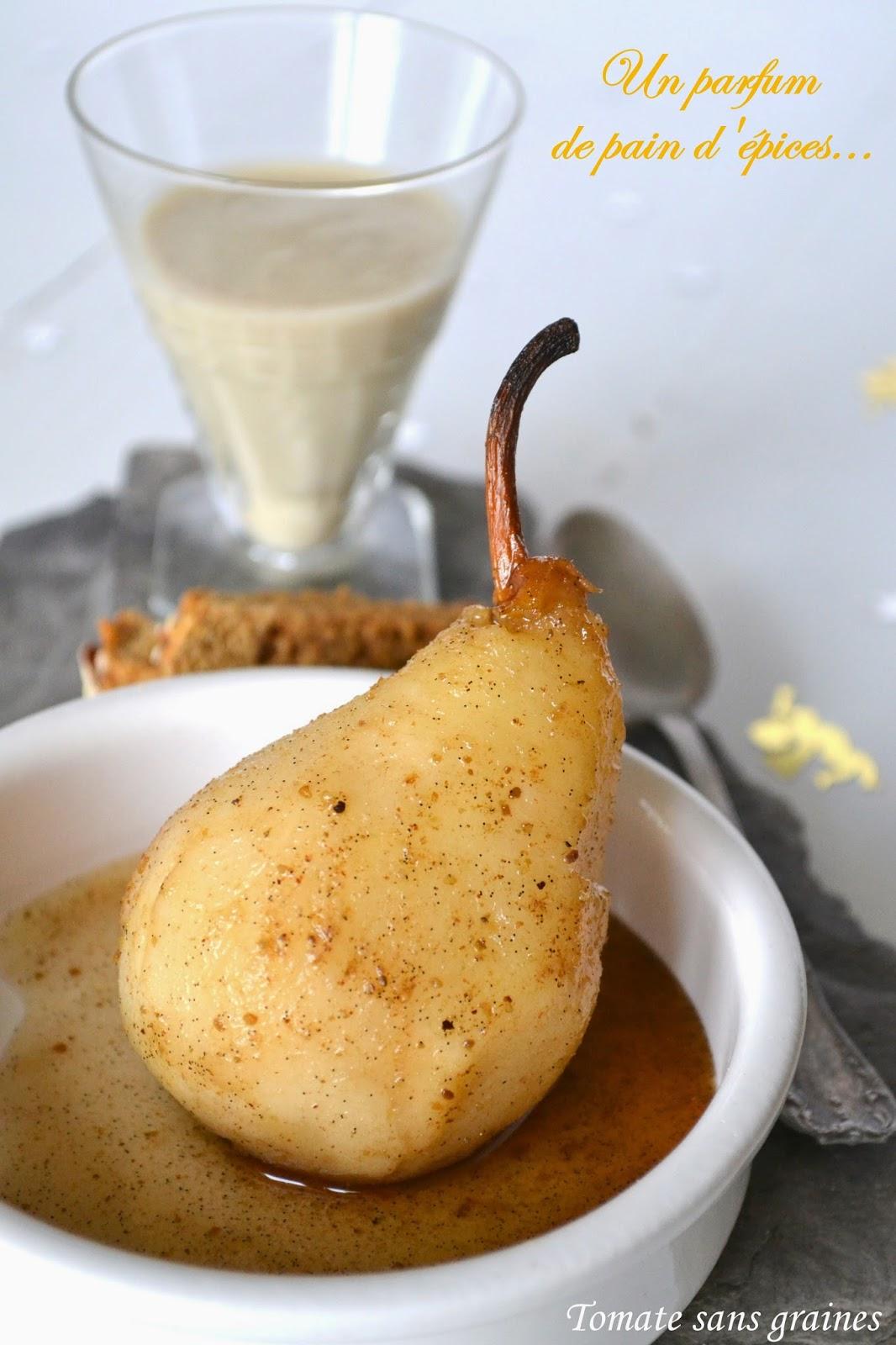 Poire pochée et crème anglaise, parfum pain d'épices Poire pochée et crème anglaise, parfum pain d'épices