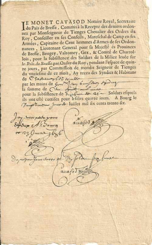 1636, Cotisation pour subsistance des soldats de la Milice du Pays de Bresse.