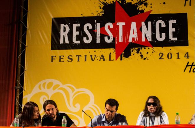 Alexis Tsipras (deuxième en partant de la droite) durant le festival Résistance 2014 organisé par Syriza PACIFIC PRESS/SIPA