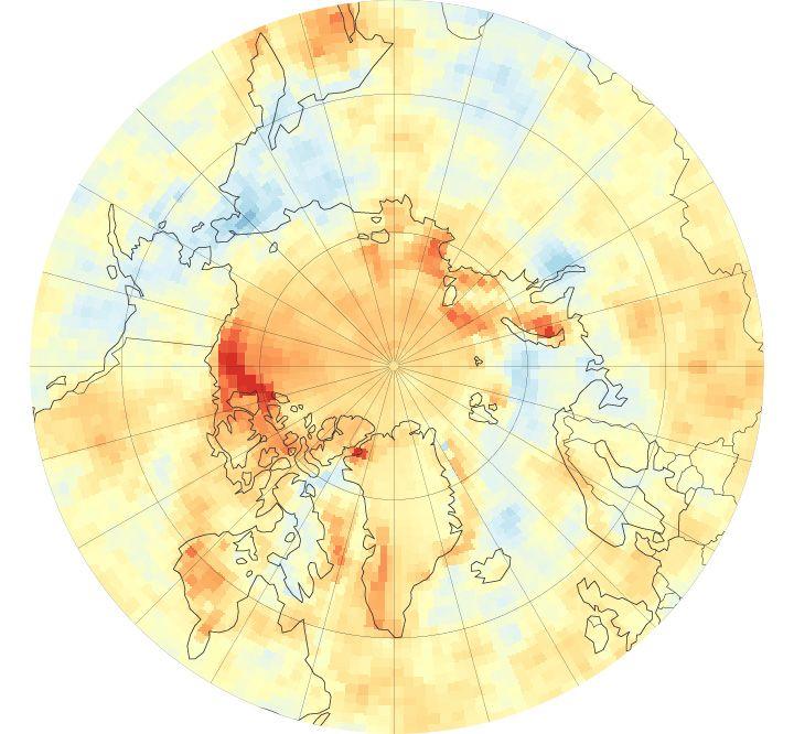 Données acquises entre 2000 et 2014 par plusieurs satellites de la Nasa. Sur cette carte de l’Arctique, on peut visualiser les variations de l’absorption du rayonnement solaire. Les valeurs les plus élevées (jusqu’à 50 watts par m2) sont en rouge. Ces tendances corroborent les observations de la diminution de la banquise dues à un réchauffement important de l’air dans cette région. © Nasa