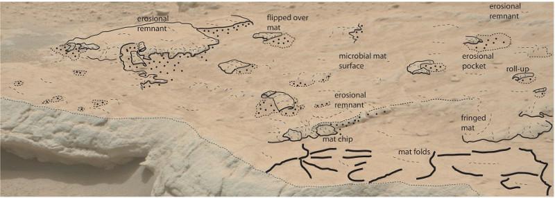 Croquis de la géobiologiste Nora Noffke superposé à une image prise par Curiosity d’un affleurement rocheux à Gillespie, dans la baie de Yellowknife