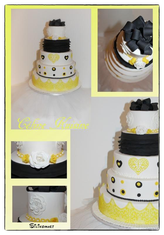Weeding cake Blanc, jaune et noir { dentelle comestible }