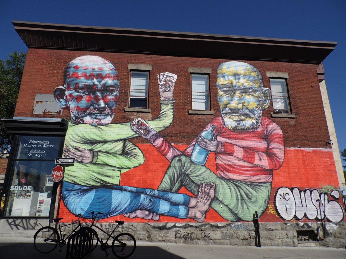 Canada - Peintures murales 8 les 4 dernières photos, représentent : La taverne, autre lieu très montréalais qui permet des rencontres conviviales. On joue aux cartes, on refait le monde