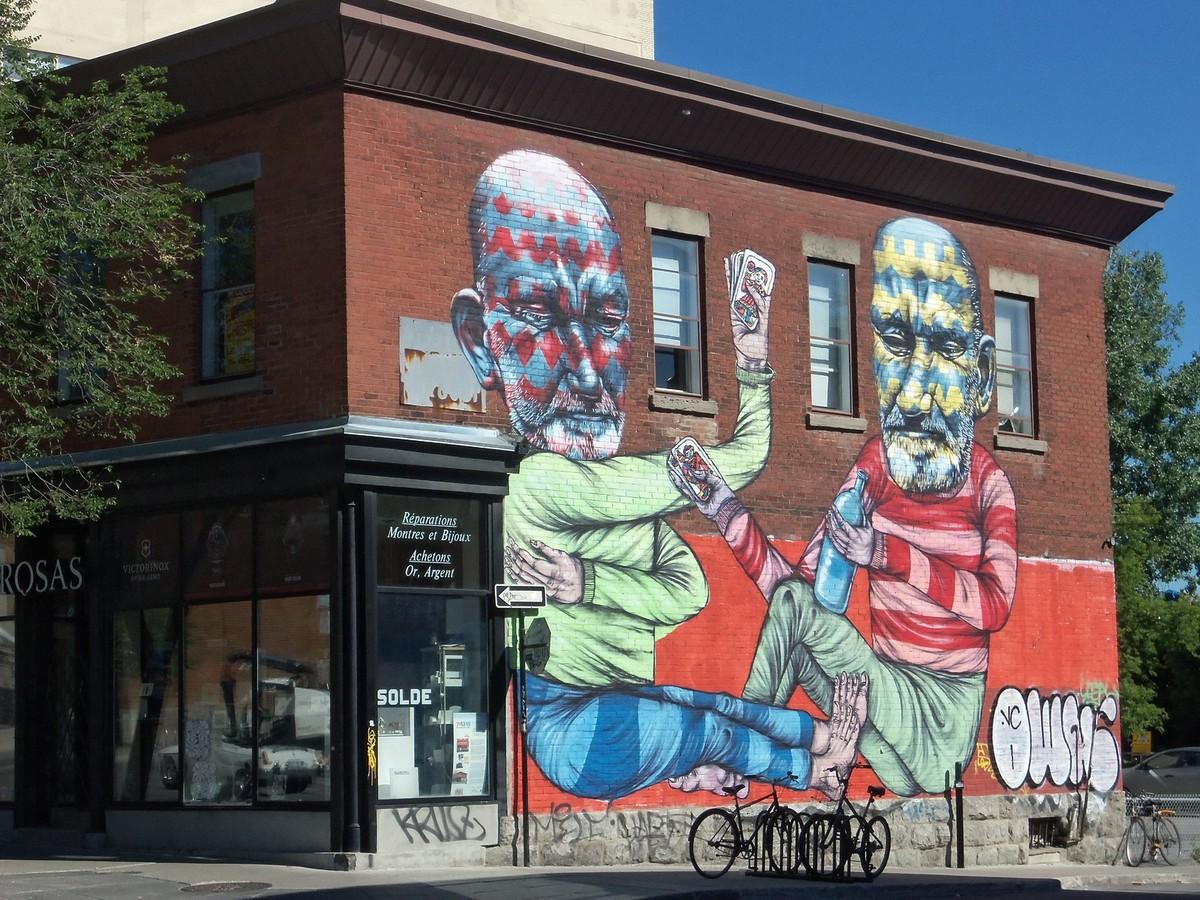 Canada - Peintures murales 8 les 4 dernières photos, représentent : La taverne, autre lieu très montréalais qui permet des rencontres conviviales. On joue aux cartes, on refait le monde