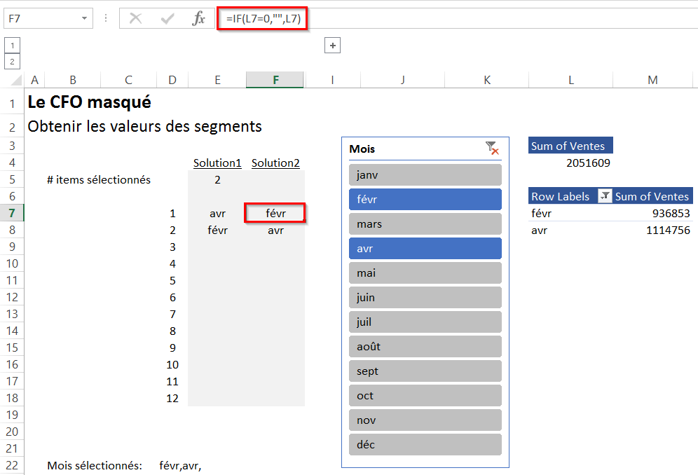 Récupérer la valeur d’un segment (slicer) dans Excel Valeur des segments (slicers)