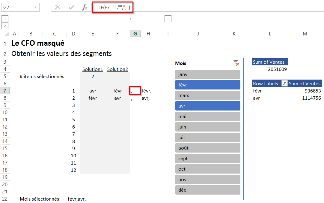 Récupérer la valeur d’un segment (slicer) dans Excel Valeur des segments (slicers)
