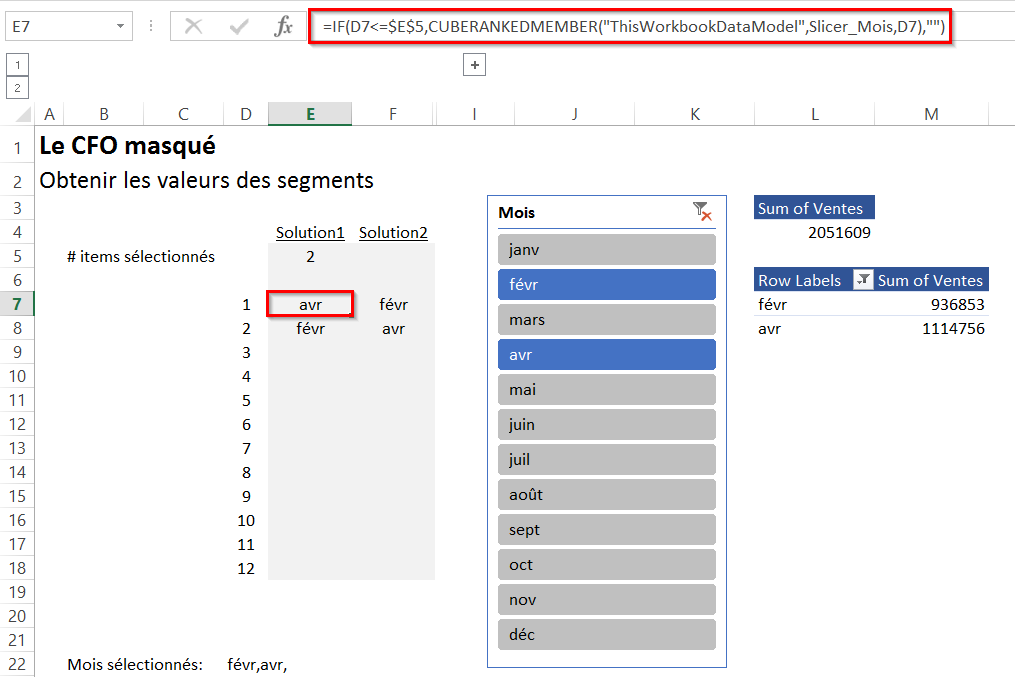 Récupérer la valeur d’un segment (slicer) dans Excel Valeur des segments (slicers)