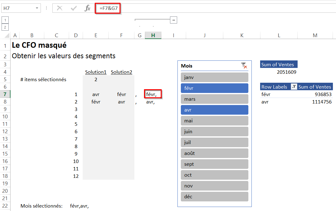 Récupérer la valeur d’un segment (slicer) dans Excel Valeur des segments (slicers)