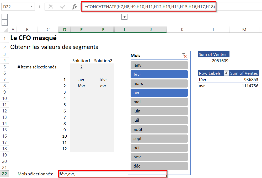 Récupérer la valeur d’un segment (slicer) dans Excel Valeur des segments (slicers)