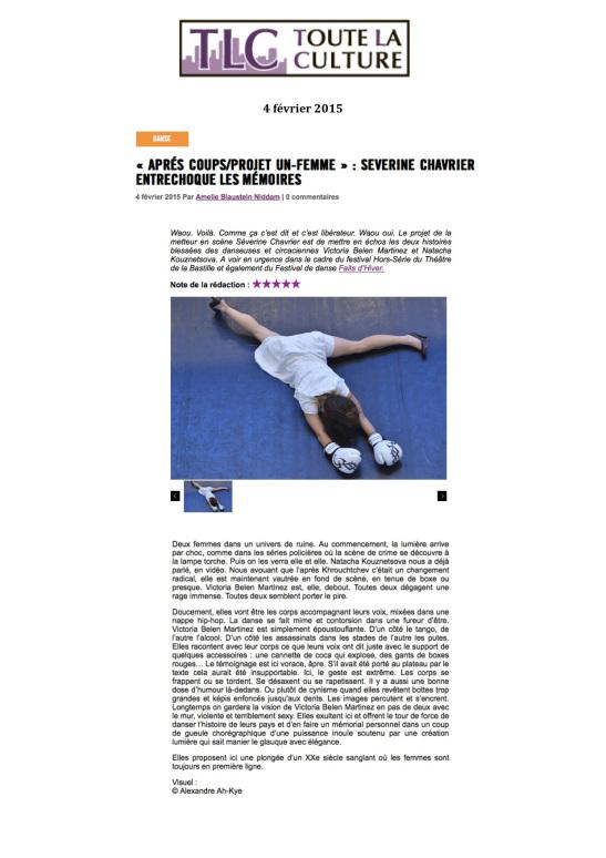LA PRESSE EN PARLE: « Après coups / Projet un-femme » de Séverine Chavrier (Festival Faits d’Hiver) TOUTELACULTURE_04022015
