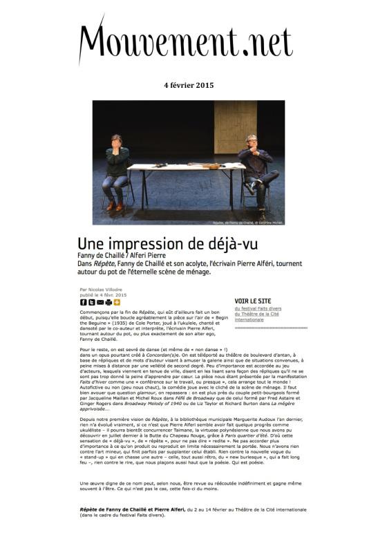 LA PRESSE EN PARLE: « D’orfèvre et de cochon » de Grand Magasin / « Répète » de Fanny de Chaillé & Pierre Alféri (Festival Faits d’Hiver) MOUVEMENT.NET_04022015