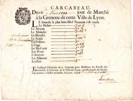 1744 - Carcabeau ?  Mercuriale des grains à la Grenette de Lyon