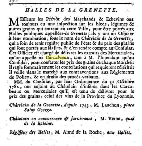 1744 - Carcabeau ?  Mercuriale des grains à la Grenette de Lyon