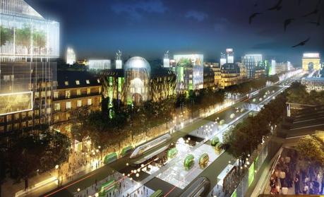 L’architecte Jean-Paul Viguier suggère d’ajouter des structures de verre en haut des bâtiments des Champs-Elysées, afin d’y installer des lieux de loisirs et de culture. – Jean-Paul Viguier et associés