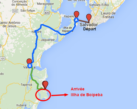 Itinéraire aller Salvador- île de Boipeba