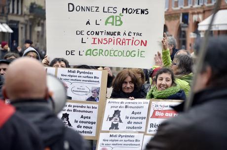 Manifestation de producteurs bio à Toulouse, le 16 mars 2015. La région Midi-Pyrénées compte 350 exploitants sous label AB.