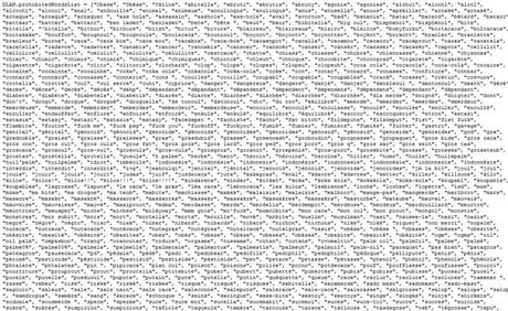 Copie d'écran du code soure des mots interdits