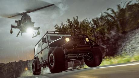 image du jeu fast and furious forza horizon 2 représentant la jeep wrangler courant contre un helicoptère de combat