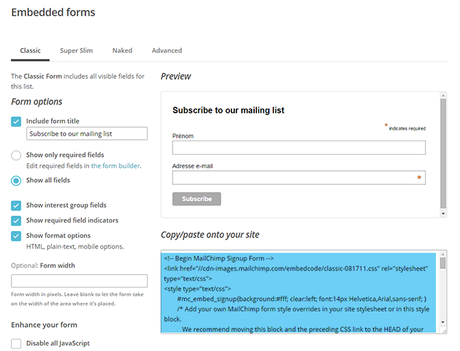 Newsletters : créer un formulaire d'inscription avec Mailchimp, et l'ajouter à son blog sous Blogger