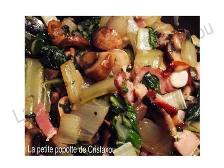 Wok de bettes, champignons échalotes lardons