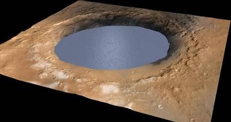Selon les chercheurs, un lac devait remplir le cratère Gale tout entier (155 km de diamètre), il y a entre 3,5 et 2,7 milliards d’années. © Nasa, JPL-Caltech, Esa, DLR, MSSS