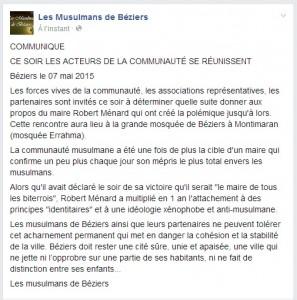 AFFAIRE MENARD: Les acteurs musulmans de la ville se réunissent ce soir à la grande mosquée de Béziers communique musulmans de beziers