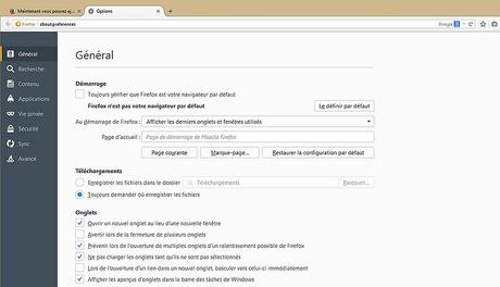 Firefox 38 affiche les options dans un onglet comme Google Chrome
