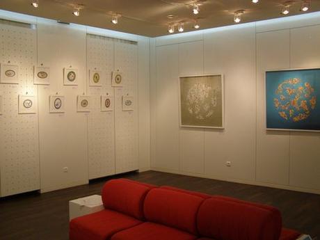 Vue d'ensemble de l'exposition avec Médaillons d'oiseau à gauche, Rosace à fond Vert et Rosace à fond Bleu à droite Photo Caroline Megel