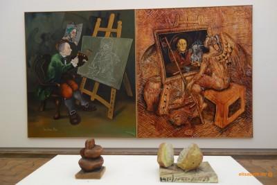 Jörg Immendorff « Les théâtres de la peinture » Jörg Immendorff The Comic Muse with Pug, 1995. Huile sur toile, diptyque 250 x 220 cm chacun.