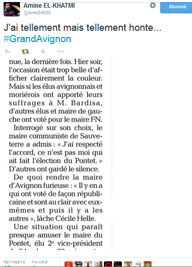 que dit le #PCF de l’élection de Joris Hébrard, #FN, au Grand Avignon ?