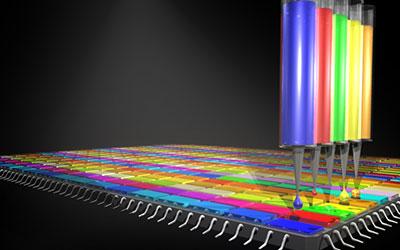 Artist's impression showing five different types of colloidal quantum dots being deposited onto the detector array of a digital camera