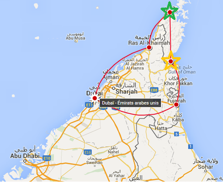 Deux ports pour amorcer une croisière dans la péninsule de Musandam : Khasab (en vert) et Dibba (en jaune)