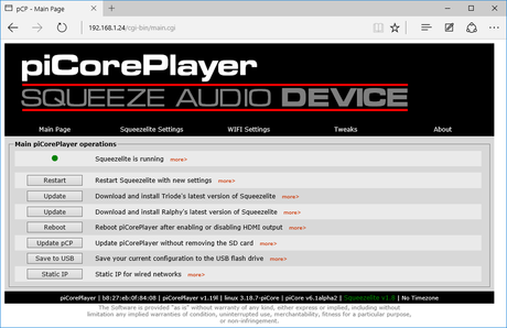 piCorePlayer: transformer un Raspberry Pi en player Squeezebox PiCorePlayer_Main_Settings