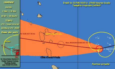 Danny le 23 août 2015 à 5 00 heures ! Vraiment très près de la Guadeloupe 16.2 et 61.5 Danny le 23 août 2015 à 5 00 heures ! Vraiment très près de la Guadeloupe 16.2 et 61.5