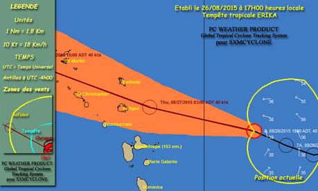ERIKA passera cette nuit du 26 au 27 août 2015 à 230 km au nord de la Guadeloupe ERIKA passera cette nuit du 26 au 27 août 2015 à 230 km au nord de la Guadeloupe