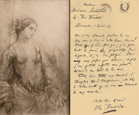 Peinture. Photographie. Modèles, muses, emprunts... Cléssinger expose au Salon de 1847 Femme piquée par un serpent qui est le moulage du corps d'Apollonie Sabatier (elle a 25 ans). Nous ne connaissons pas de photos d'elle à cette époque. Le dessin représentant Apollonie joint à la lettre de Baudelaire nous montre à quel point cette femme était belle.