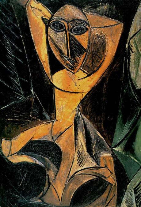 Peinture. Photographie. Modèles, muses, emprunts... Phototypie (carte postale) Edmond Fortier, Fille Malinké, Afrique occidentale, 1905/1906. Picasso, Nu aux bras levés (danseuse d'Avignon), 1907, 1907