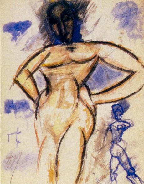 Peinture. Photographie. Modèles, muses, emprunts... Phototypie (carte postale) Edmond Fortier, Fille Malinké, Afrique occidentale, 1905/1906. Picasso, Nu de face, mains derrière le dos, 1907