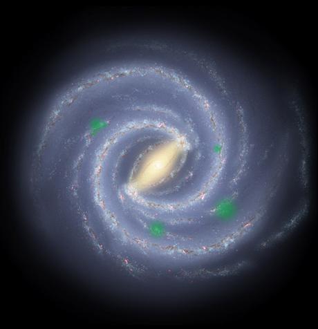 Panspermie : Y a-t-il des « oasis de vie » dans la Voie lactée ? Sur ce schéma de notre galaxie, la Voie lactée, vue d’au-dessus, les taches vertes indiquent d’hypothétiques foyers où la vie pourrait essaimer. La détection de biosignatures regroupées dans certaines régions de la galaxie validerait le scénario d’une propagation de la vie d’une étoile à l’autre (panspermie)