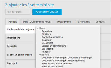 Créer une belle billetterie avec Weezevent : le mini-site Ajouter des blocs et widgets dans le mini-site