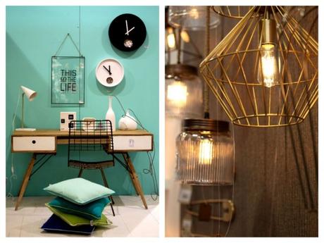 Un coin bureau qui fait rêver : bois clair et blanc, camaïeu de bleus / Les lampes cage sont toujours tendance