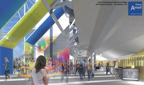 ASM : découvrez les projets aménagements du stade Marcel-Michelin Coursive Jaune et Bleu de la tribune Auvergne avec l'espace Bodega