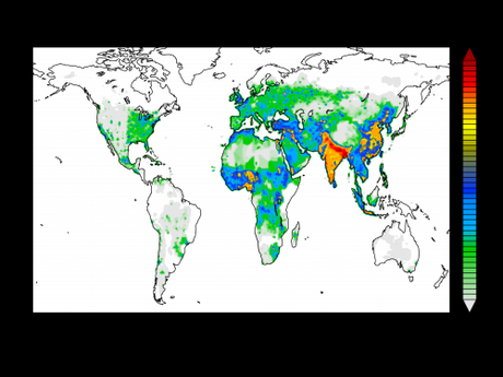 Carte montrant l'intensité de la pollution de l'air (échelle du vert clair au rouge foncé)