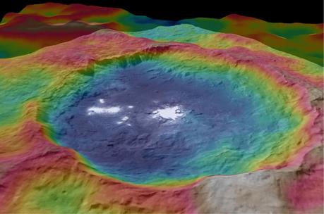 Large de 90 km, le cratère Occator doit sa célébrité aux énigmatiques taches blanches parsemées en son sein. Les couleurs correspondent aux différences d’altitude : en bleu, les plus basses et en rouge, les plus élevées