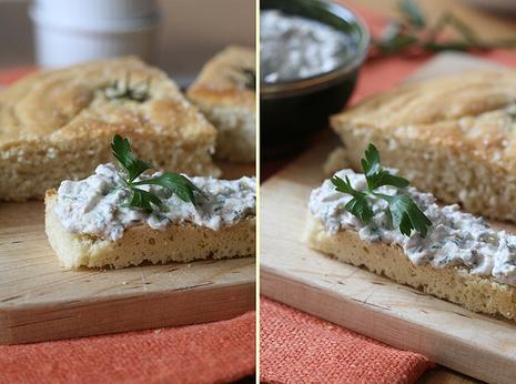 Focaccia à l'ail & au romarin, crème de sardines à la ricotta Crème de sardines