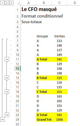 Excel : Mettre en évidence les sous-totaux en quelques clics de souris Excel sous-totaux